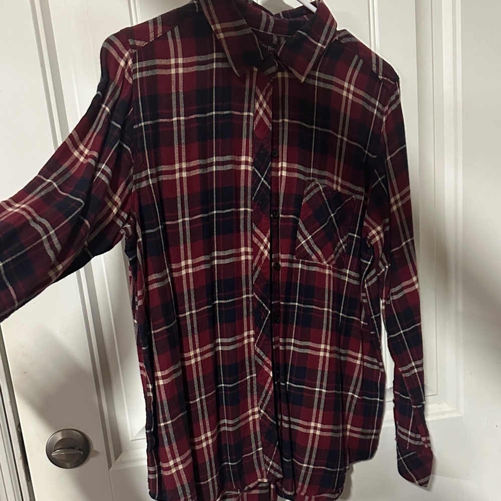 Well Worn Burgundy and White Plaid Button Down Shirt